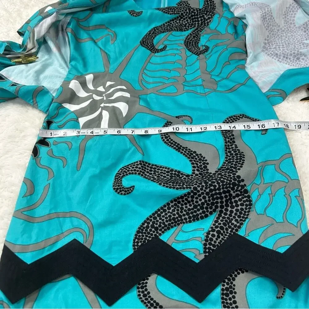 Vintage 80s La Bossa octopus and starfish blue & grey midi dress, size 36 or XS